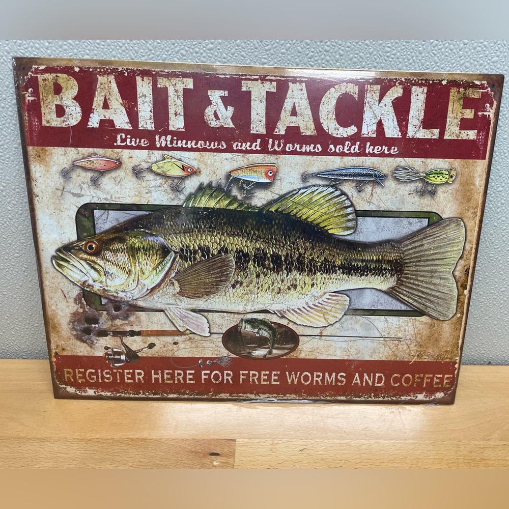 Bait & Tackle Metal Sign, Large Mouth Bass. 12.5”x16” Fishing Decor.